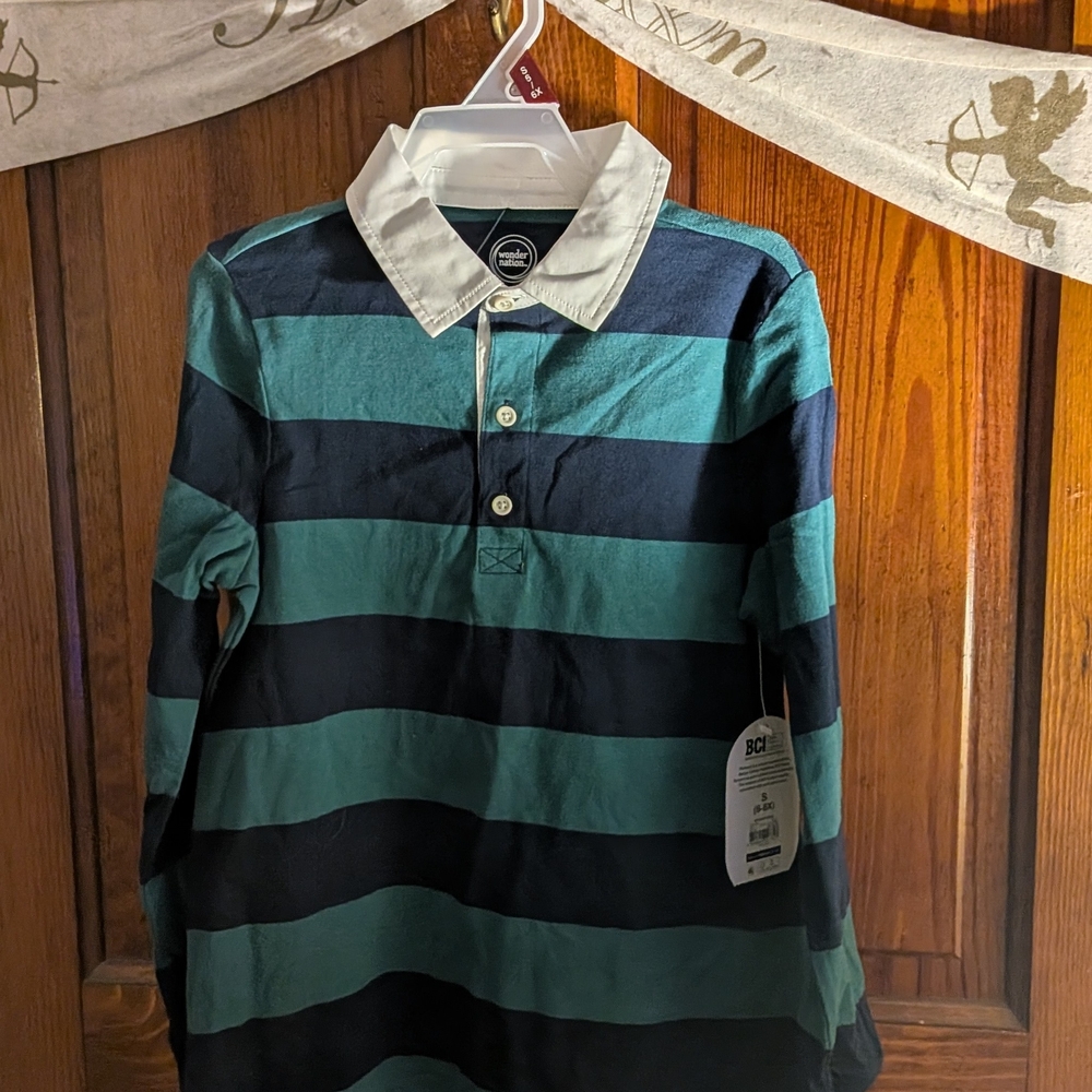 Wonder Nation Green and Black Striped Button Down Shirt